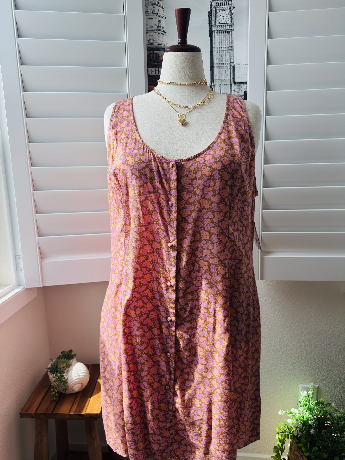 BP. Pink Floral Sleeveless Button-Front Mini Dress, Size 2X
