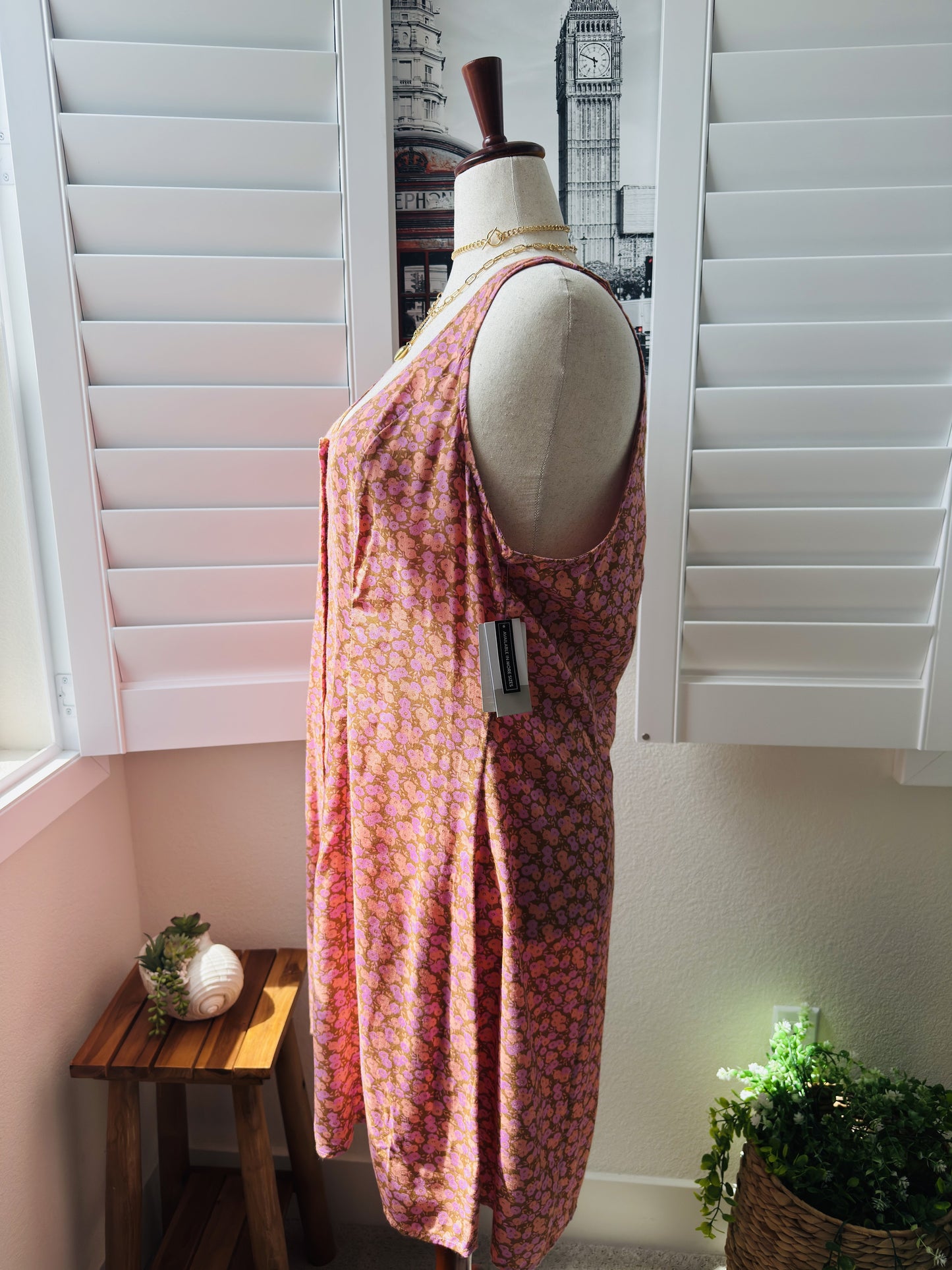 BP. Pink Floral Sleeveless Button-Front Mini Dress, Size 2X