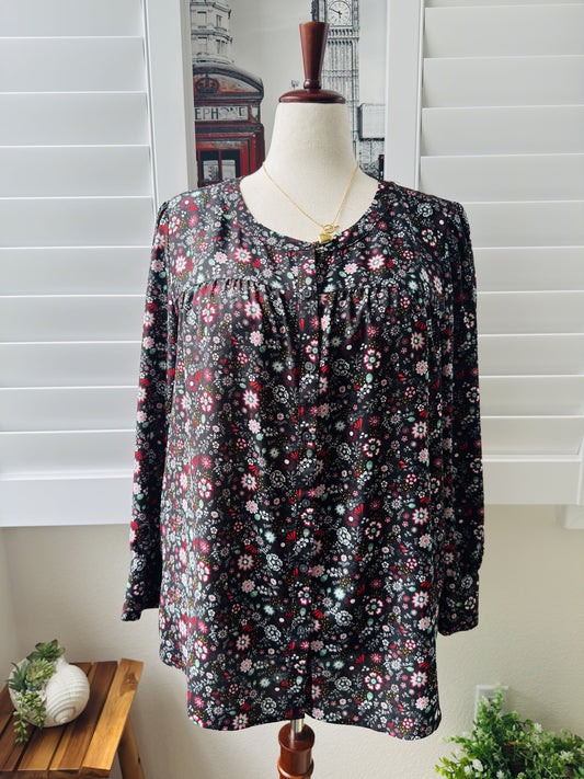 Loft Plus Black Floral Button-Down Long Sleeve Blouse Size 16
