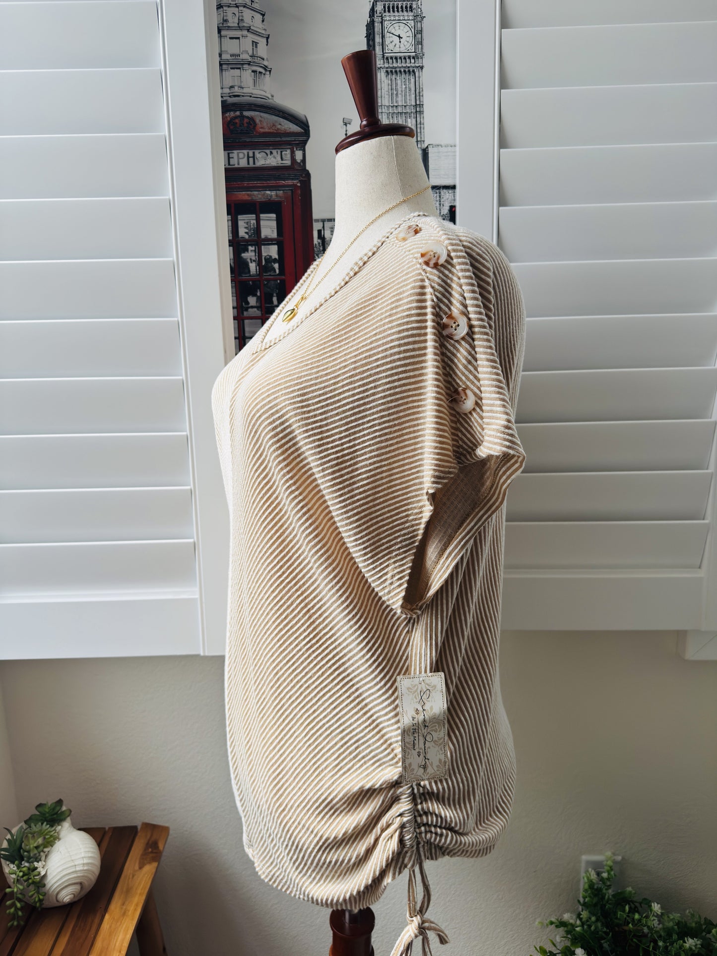 French Laundry Tan Striped V-Neck Cinch Top Size 3X