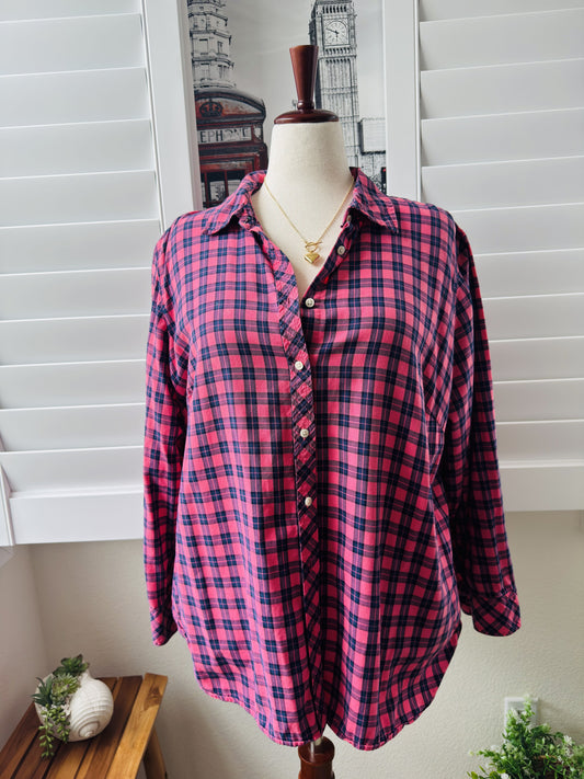 Talbots Woman Pink and Navy Plaid Long Sleeve Button Down Shirt Size 2X