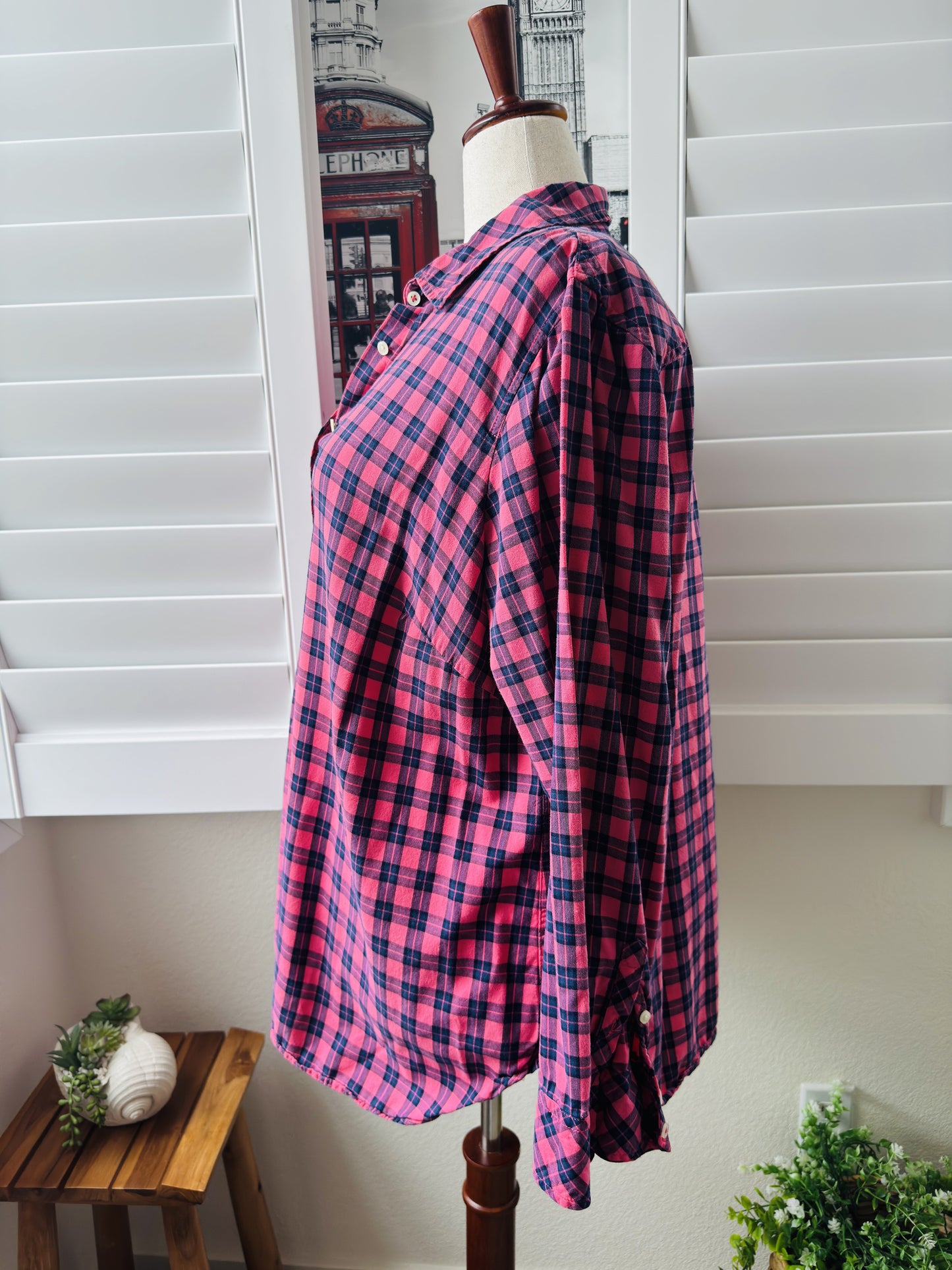 Talbots Woman Pink and Navy Plaid Long Sleeve Button Down Shirt Size 2X