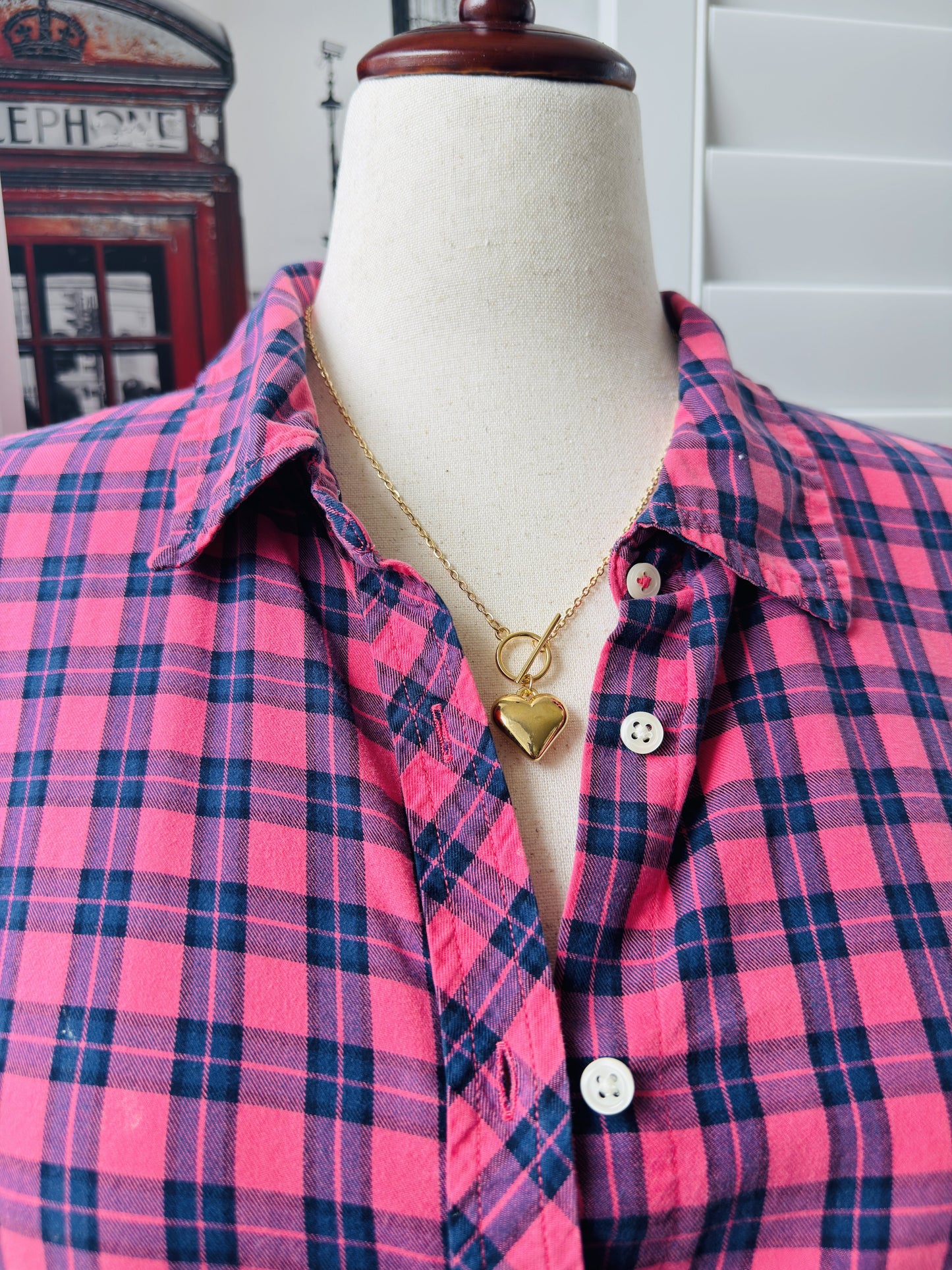 Talbots Woman Pink and Navy Plaid Long Sleeve Button Down Shirt Size 2X