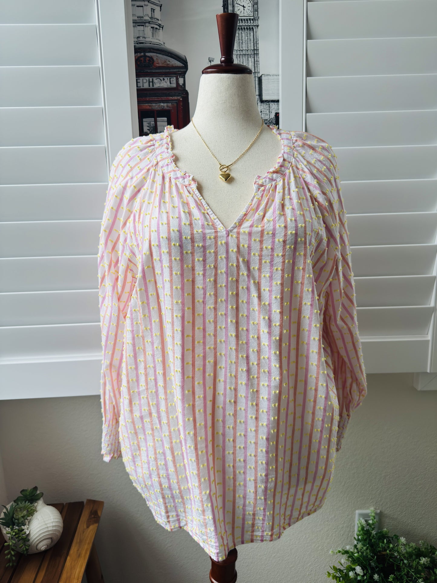 Talbots Plus Striped Clipped Dot Smocked Cuff Blouse Size 2X
