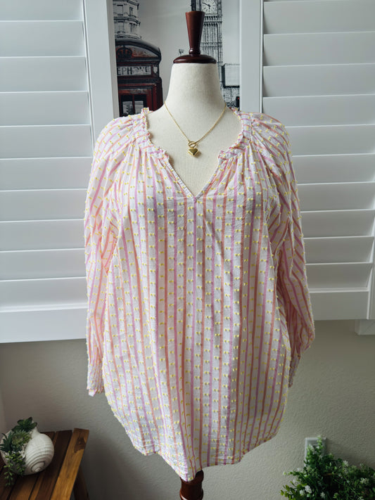 Talbots Plus Striped Clipped Dot Smocked Cuff Blouse Size 2X