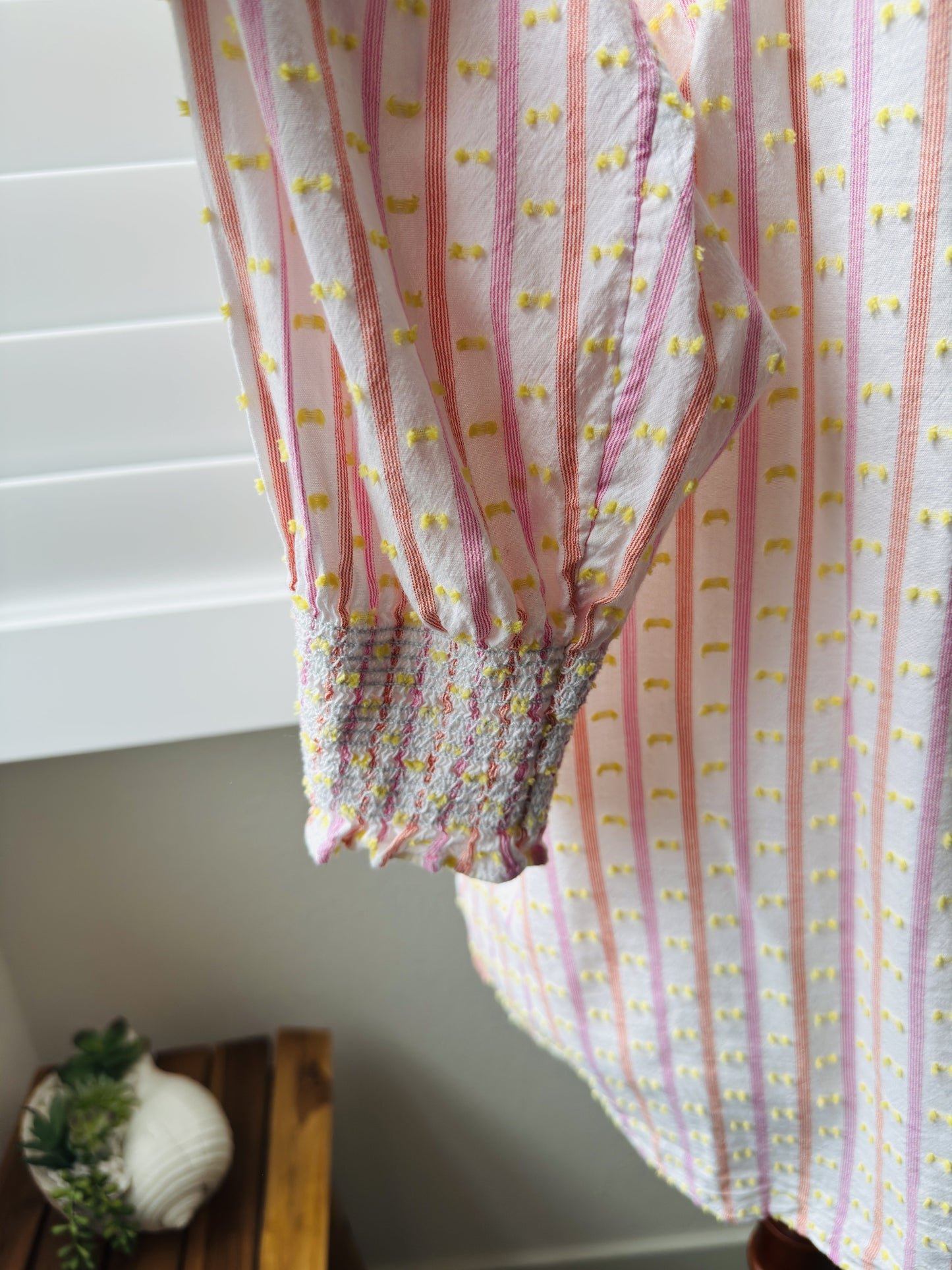 Talbots Plus Striped Clipped Dot Smocked Cuff Blouse Size 2X