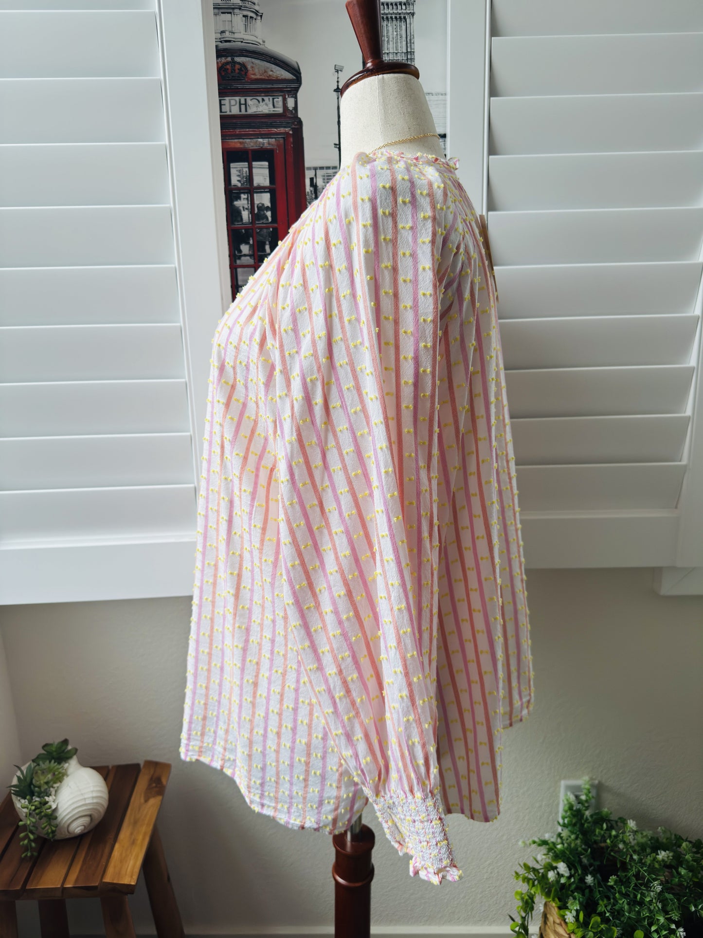 Talbots Plus Striped Clipped Dot Smocked Cuff Blouse Size 2X