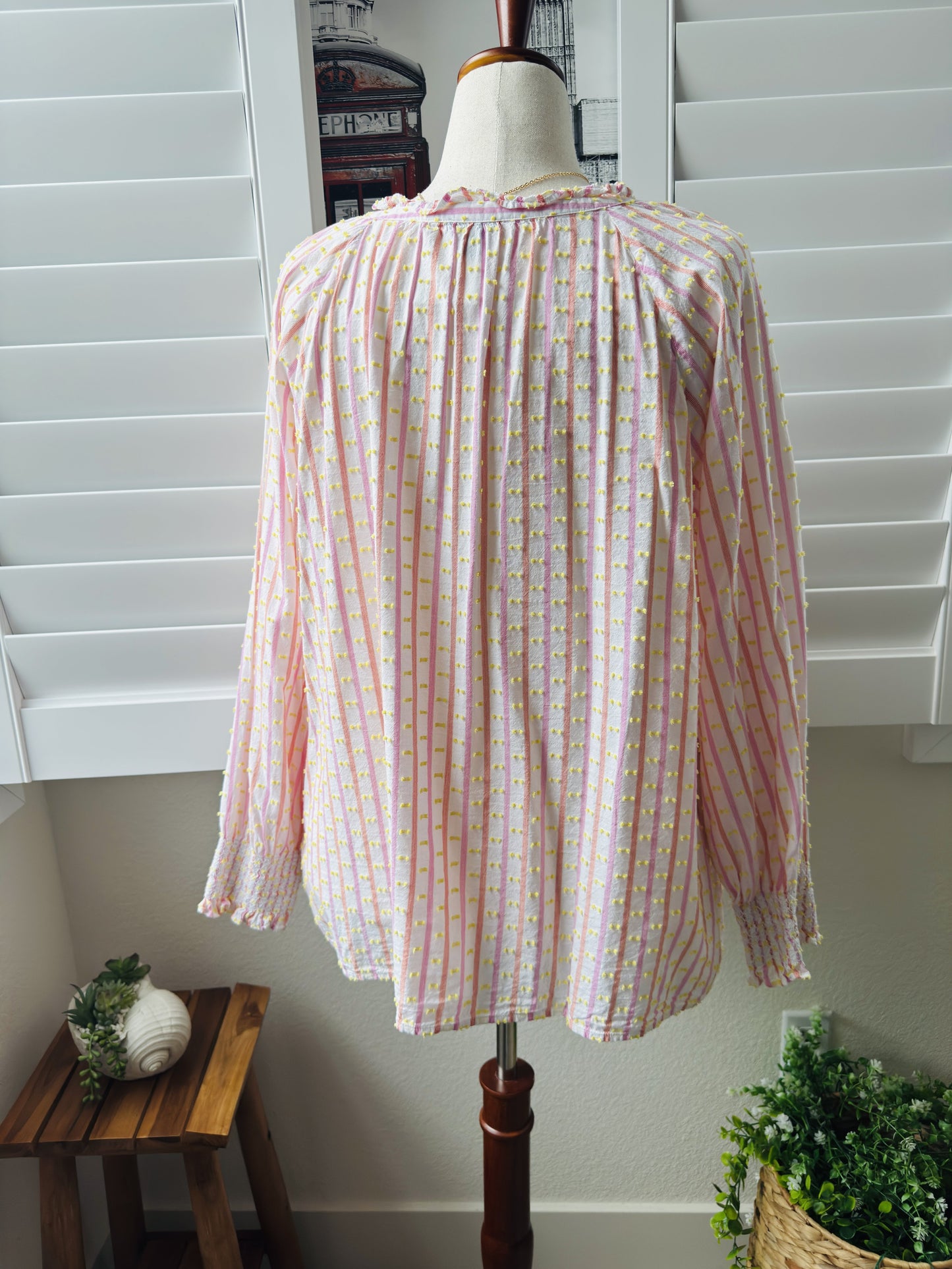 Talbots Plus Striped Clipped Dot Smocked Cuff Blouse Size 2X