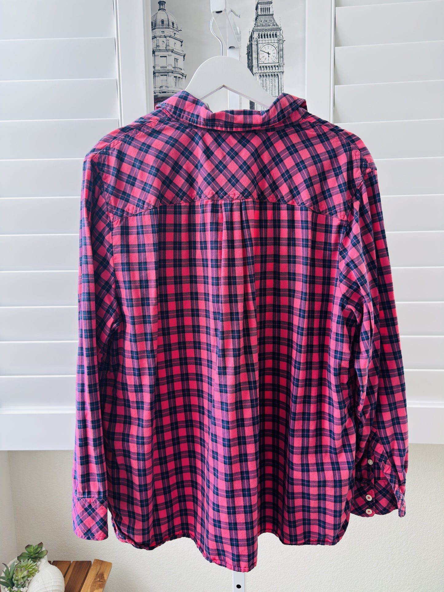 Talbots Woman Pink and Navy Plaid Long Sleeve Button Down Shirt Size 2X