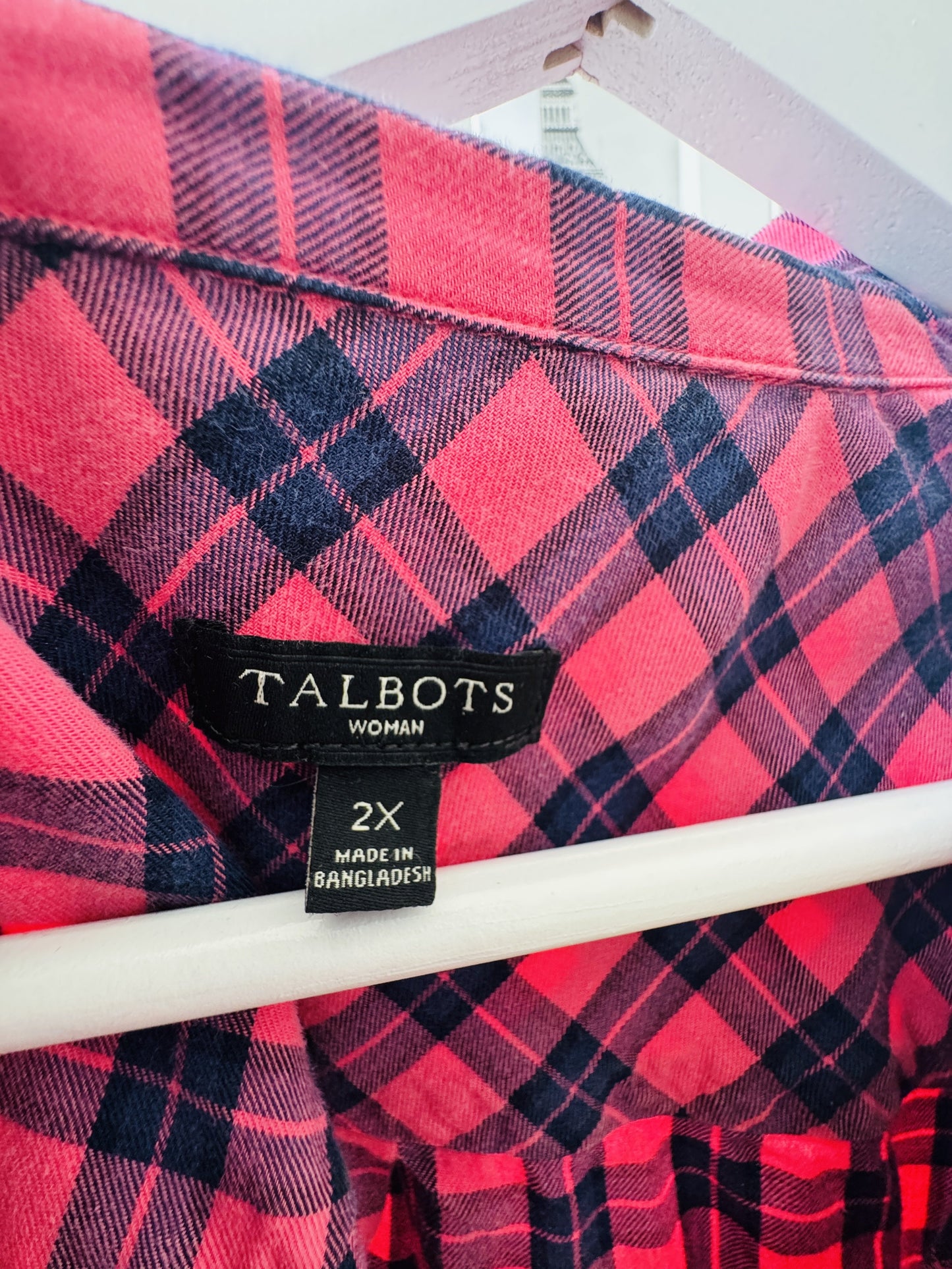 Talbots Woman Pink and Navy Plaid Long Sleeve Button Down Shirt Size 2X