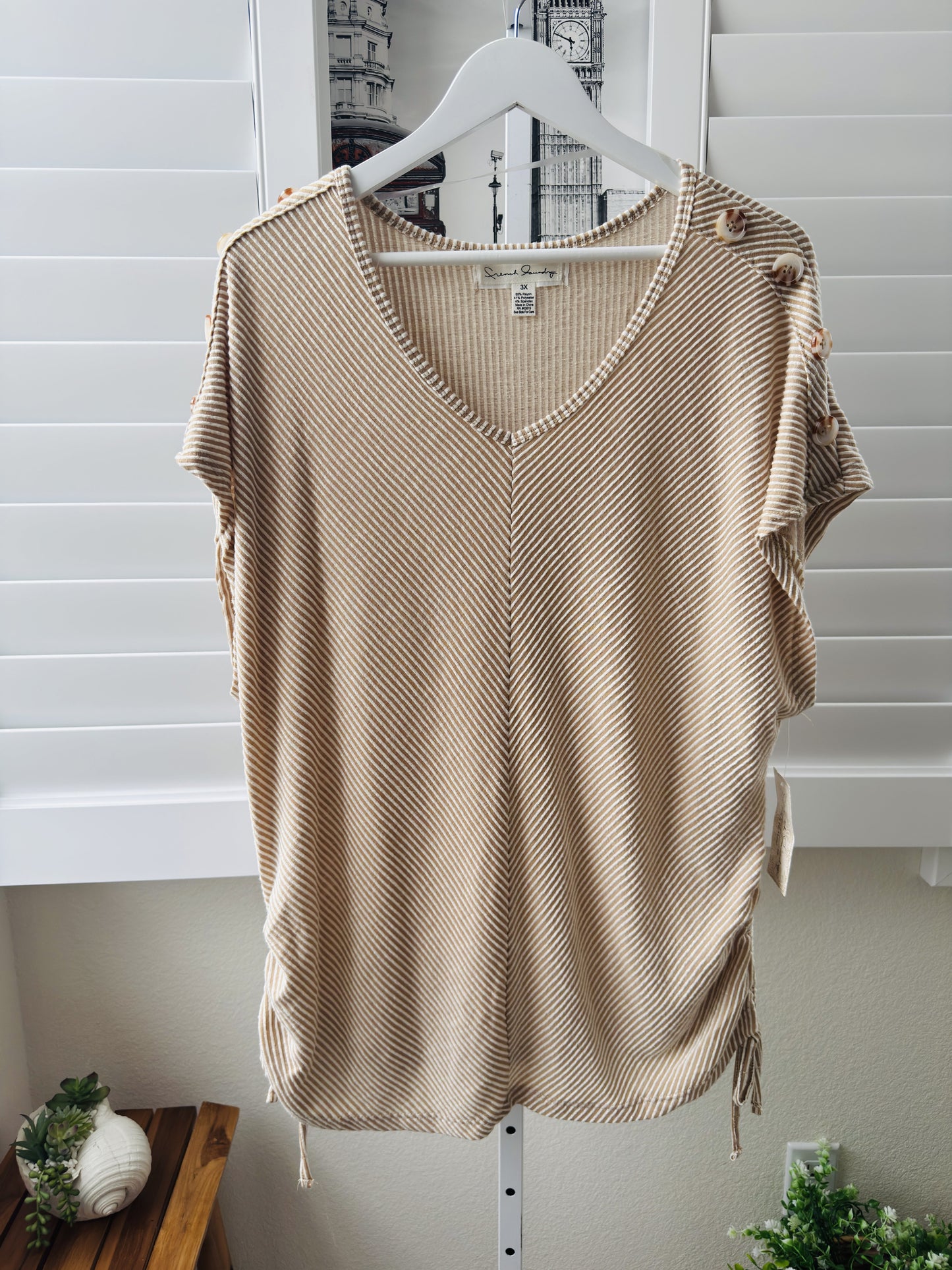 French Laundry Tan Striped V-Neck Cinch Top Size 3X