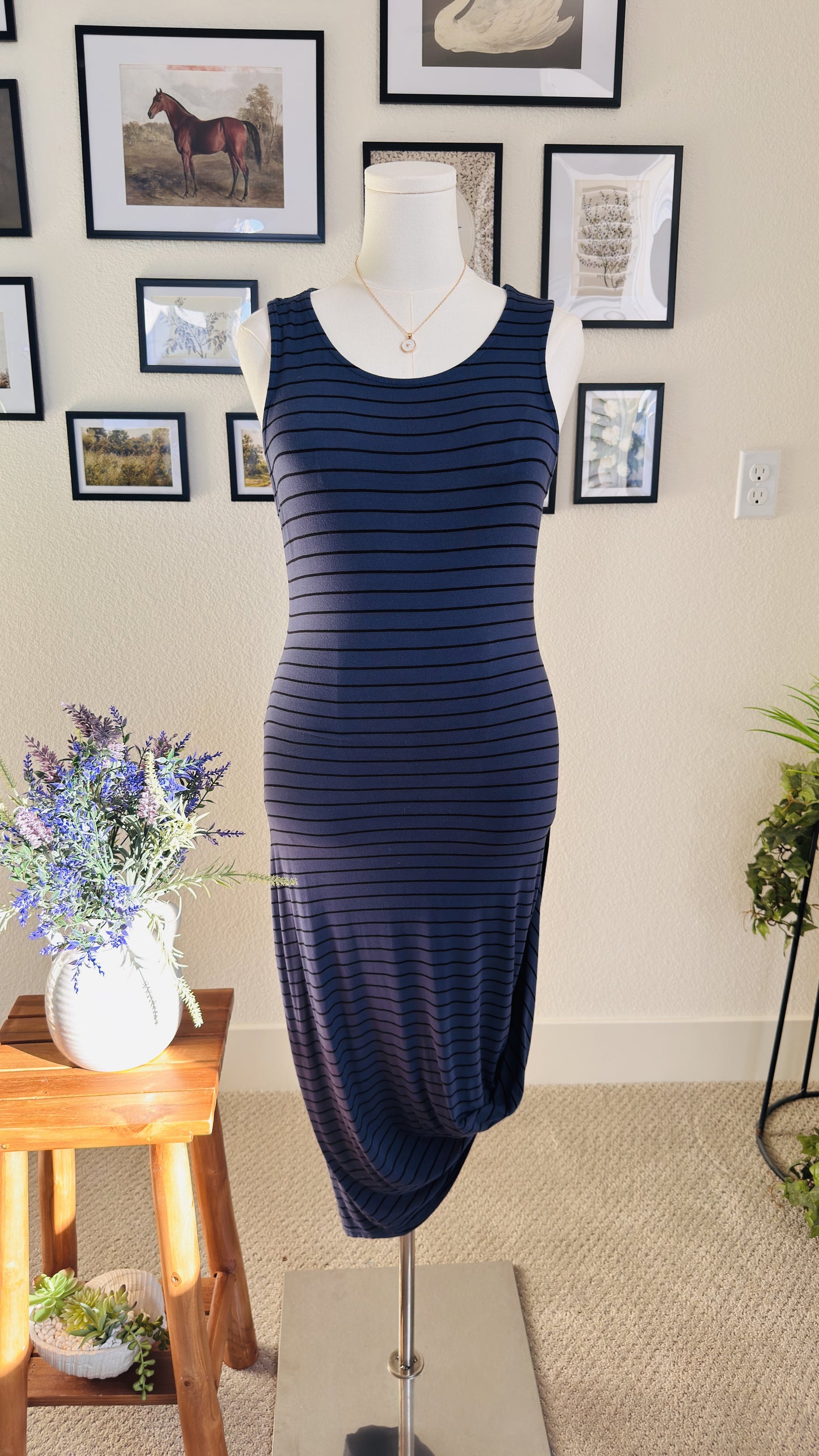 Express Blue Striped Sleeveless Asymmetric Draped Maxi Dress - Size M