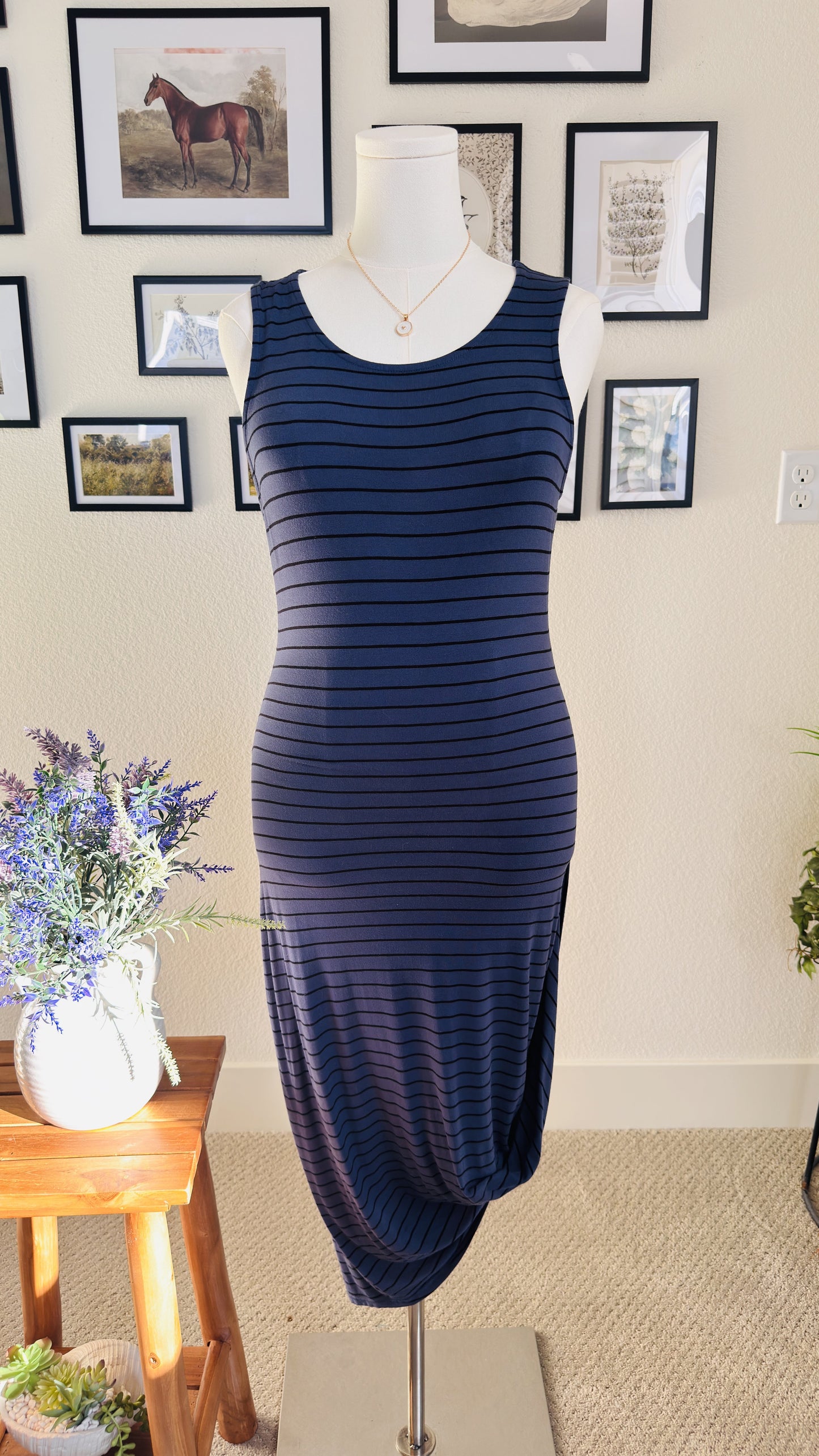 Express Blue Striped Sleeveless Asymmetric Draped Maxi Dress - Size M