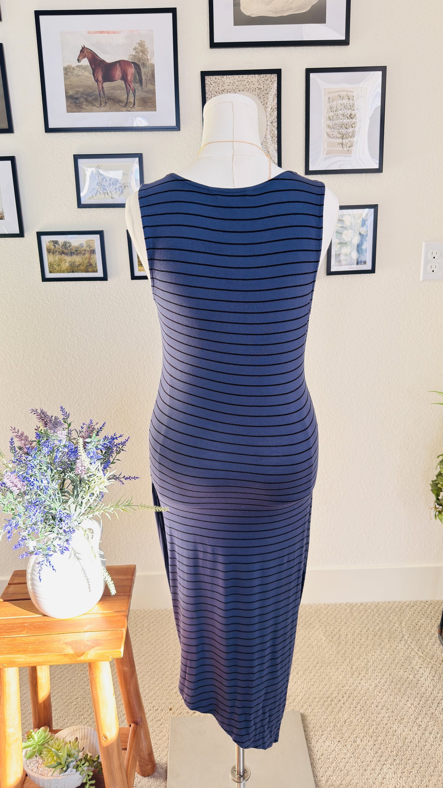 Express Blue Striped Sleeveless Asymmetric Draped Maxi Dress - Size M
