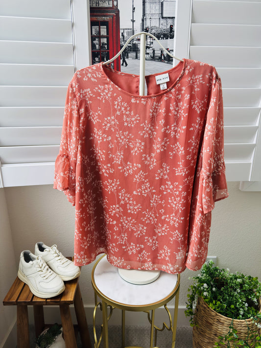 Ava & Viv Floral Tiered Sleeve Keyhole Back Blouse Coral Size 3X