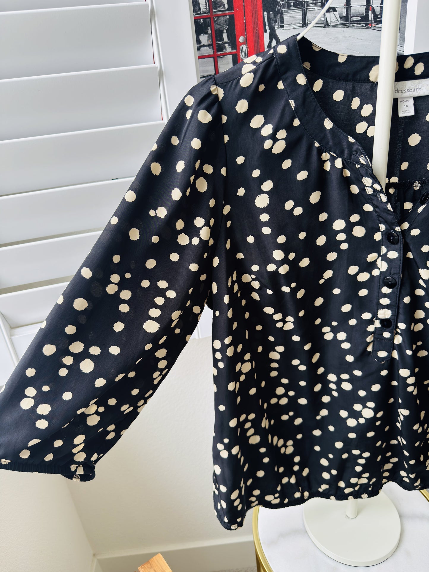 Dress Barn Black and Cream Abstract Polka Dot Henley Blouse - Size 1X