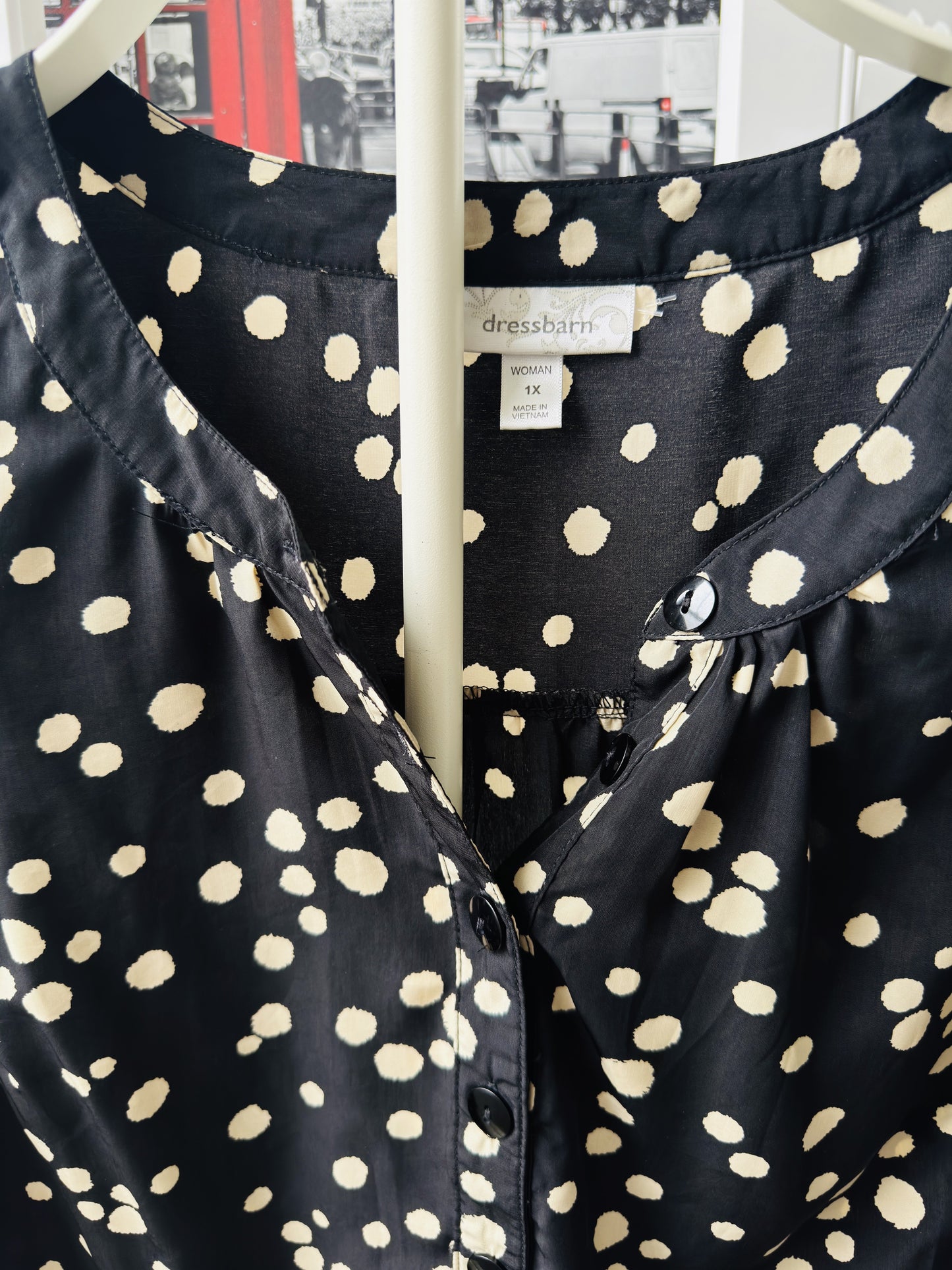 Dress Barn Black and Cream Abstract Polka Dot Henley Blouse - Size 1X
