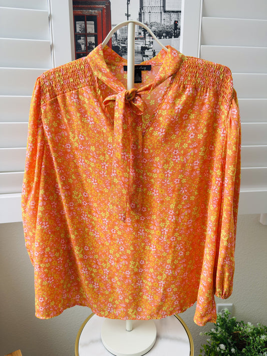 a love story Orange Floral Tie-Neck Smocked Blouse Size 2X