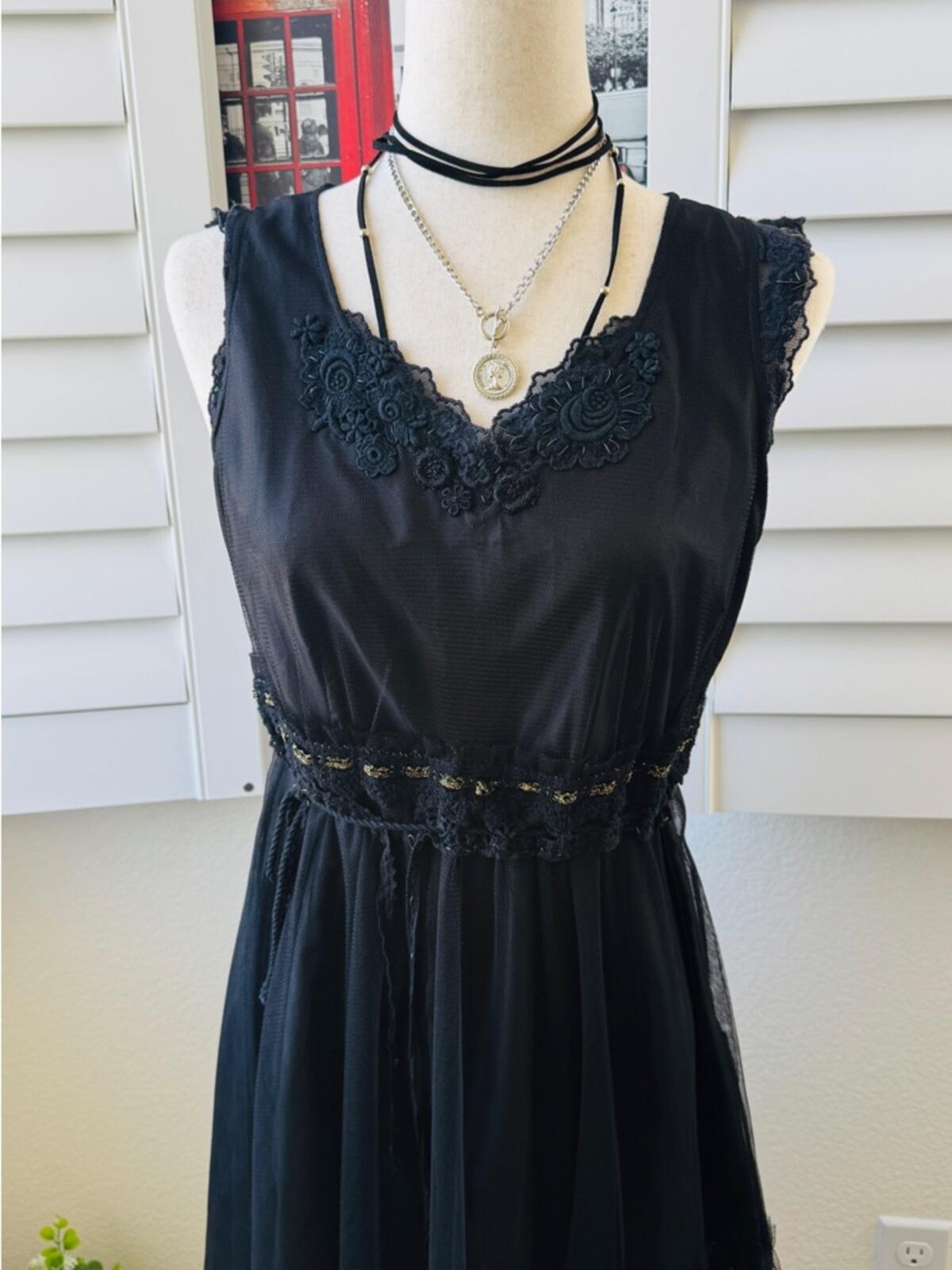 Chaber Romantic Whimsigoth Black Tulle & Lace Midi Dress
