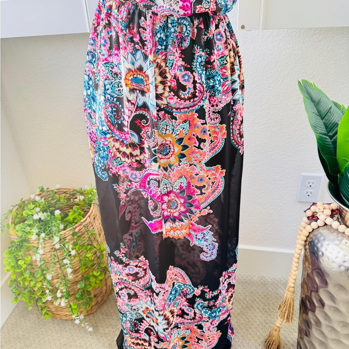 Express. Size S. Black Strapless Maxi Dress with Pink & Teal Paisley